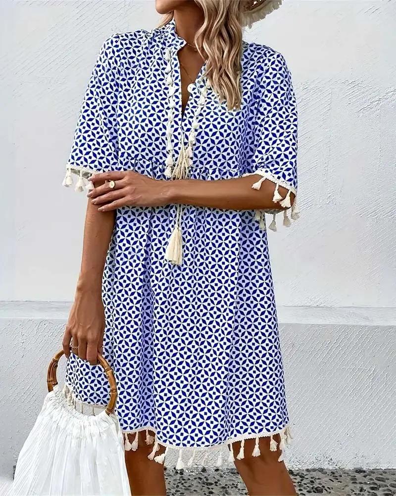 Robe tunique femme imprimé géométrique col V lacet pompons manches courtes coupe ample