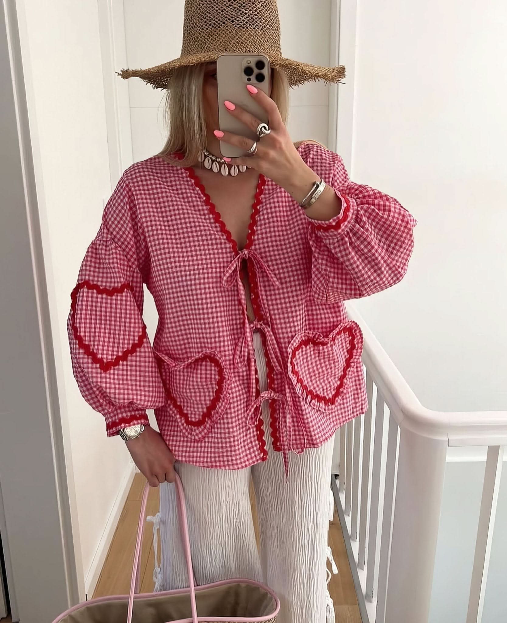 Blouse femme vichy col V à nouer manches longues oversize style bohème