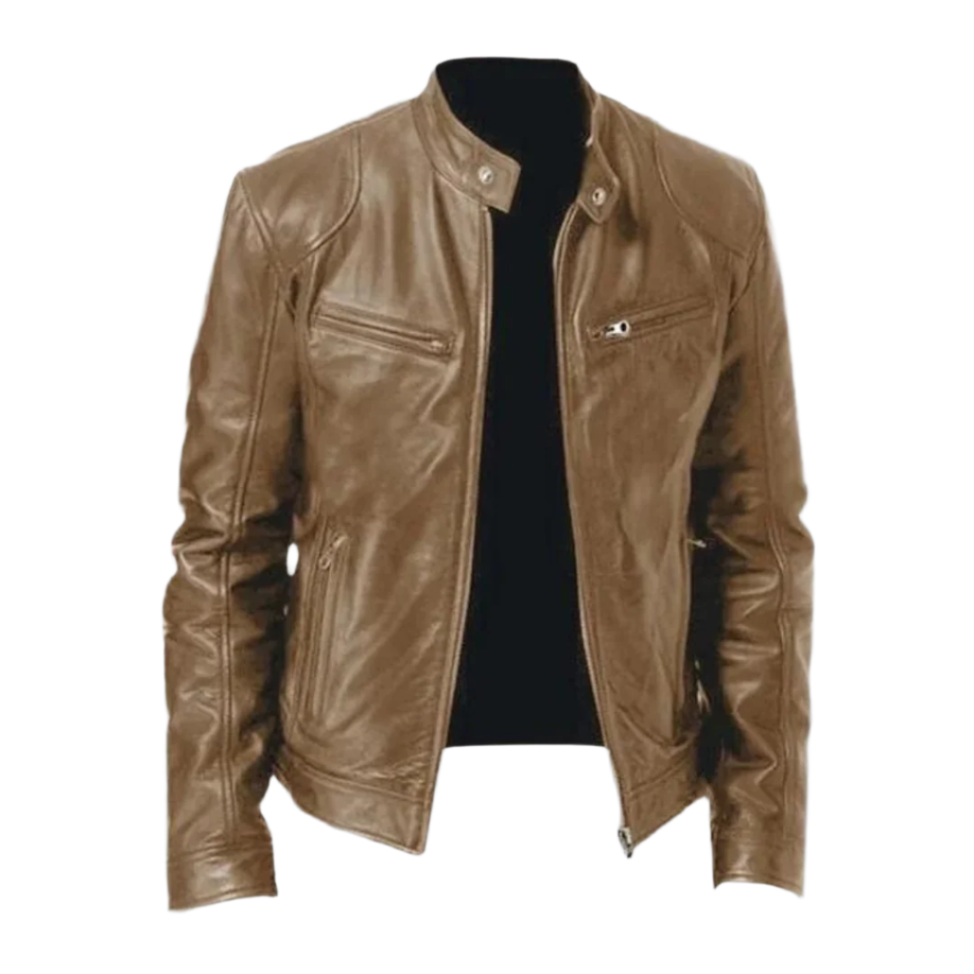 Veste en cuir homme style motard coupe ajustée zippée col montant