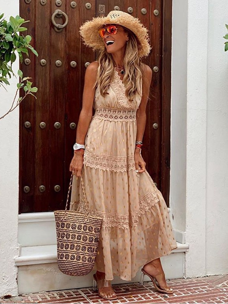 Robe longue femme col V sans manches dentelle style bohème été