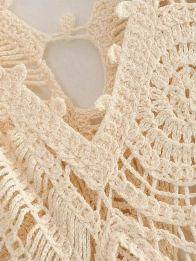 Robe longue femme en crochet col V sans manches coupe moulante bohème