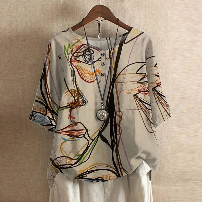 Blouse femme imprimée fleurie manches 3/4 col rond style vintage ample