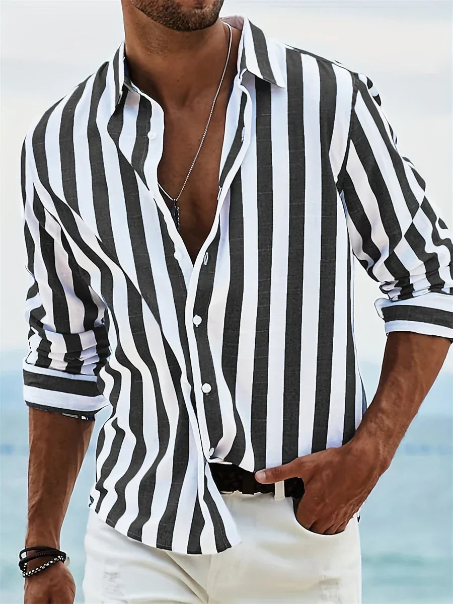 Chemise homme rayée en lin mélangé coupe décontractée manches longues été casual