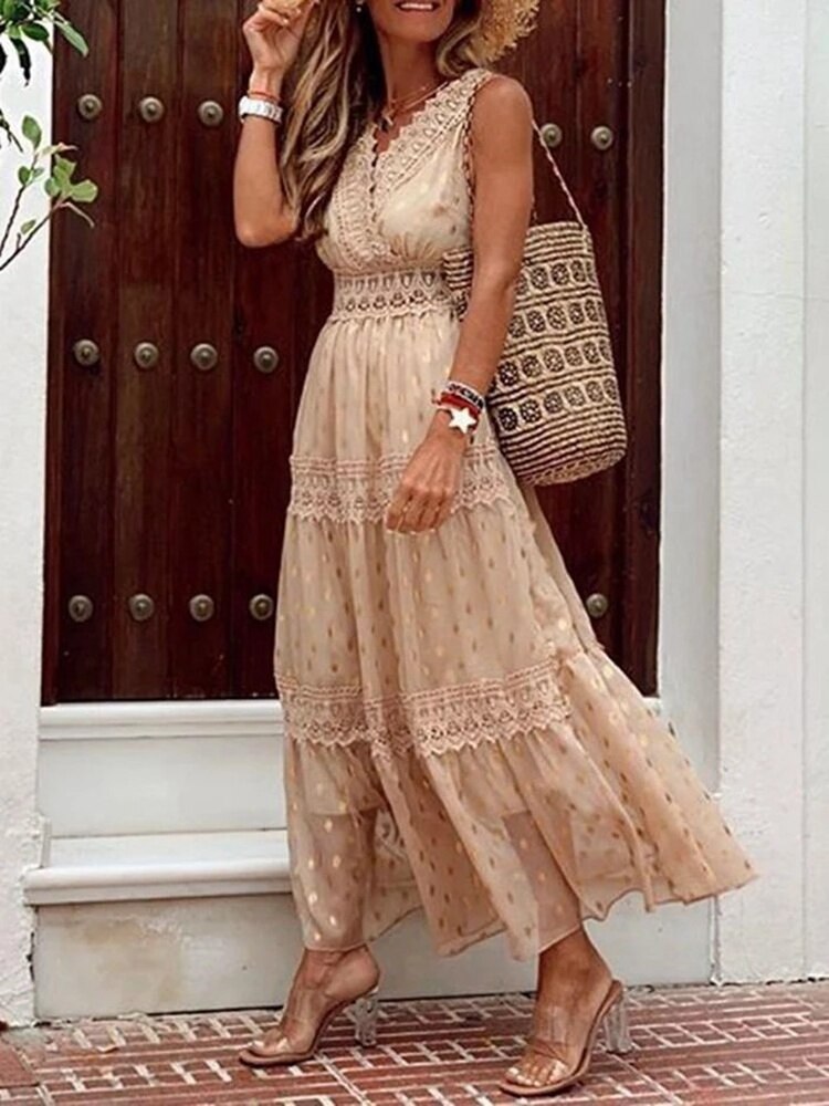 Robe longue femme col V sans manches dentelle style bohème été