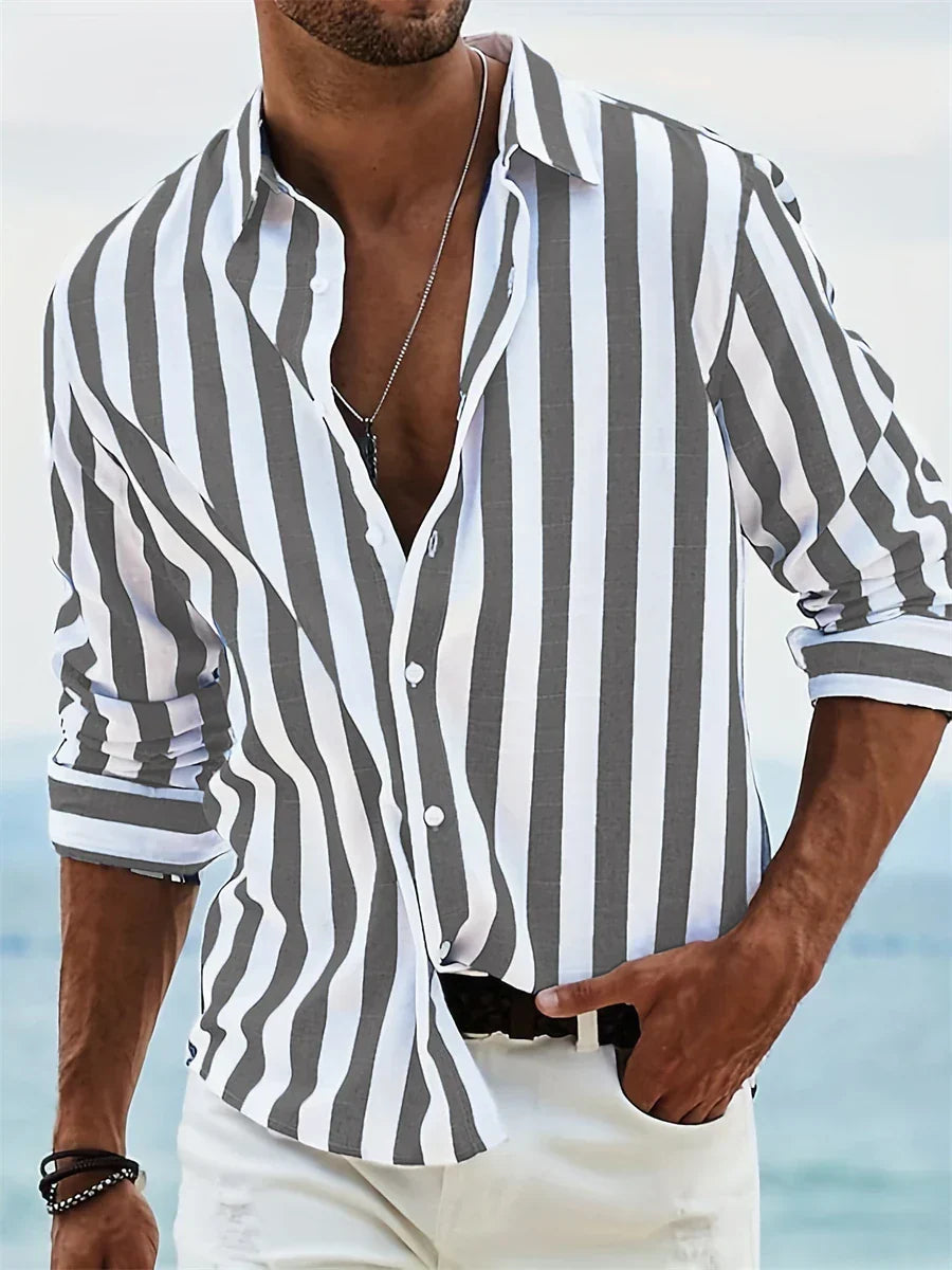 Chemise homme rayée en lin mélangé coupe décontractée manches longues été casual