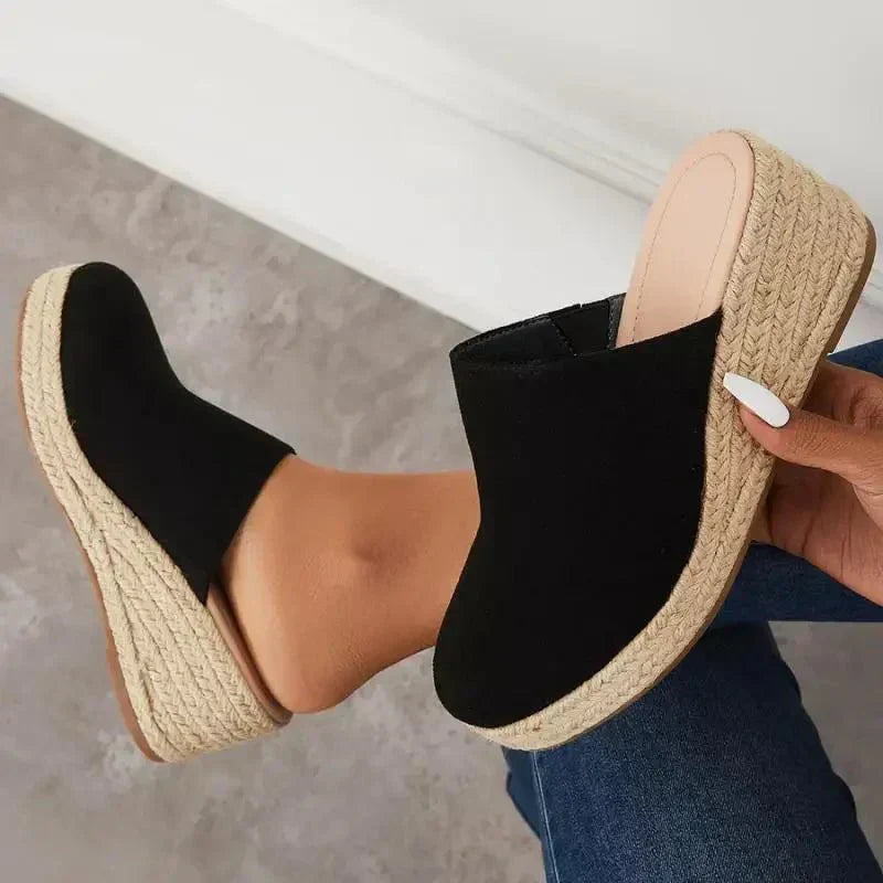 Sandales femme compensées effet daim semelle corde style espadrille