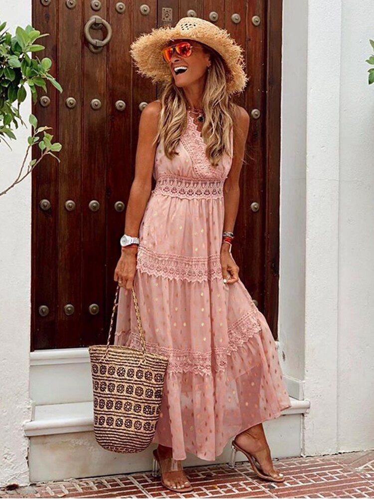 Robe longue femme col V sans manches dentelle style bohème été