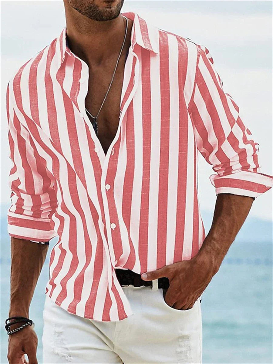 Chemise homme rayée en lin mélangé coupe décontractée manches longues été casual