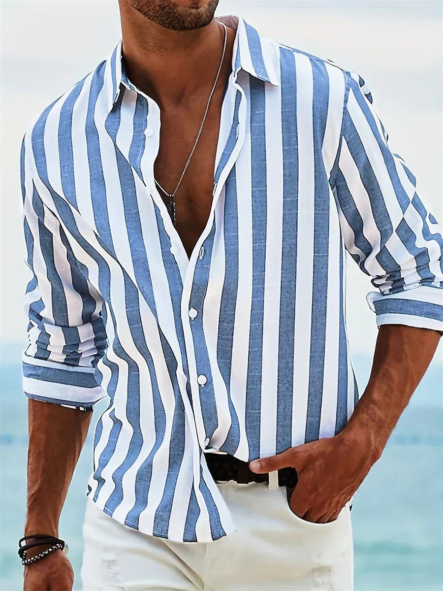 Chemise homme rayée en lin mélangé coupe décontractée manches longues été casual