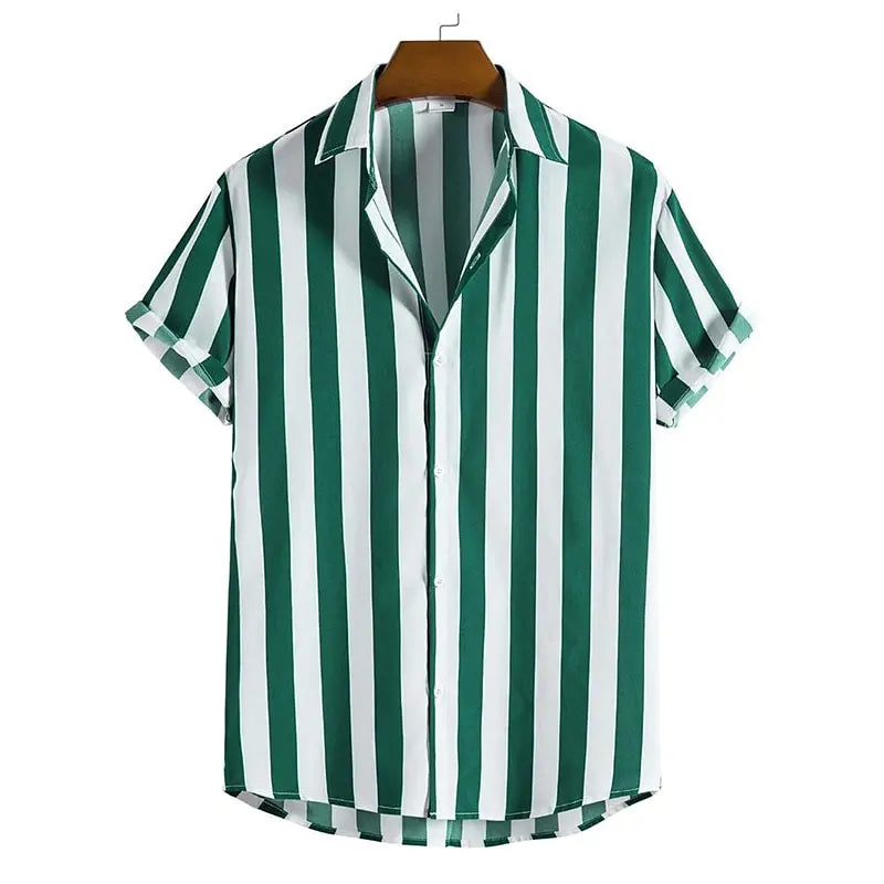 Chemise homme manches courtes rayée coupe ajustée col italien boutonnée