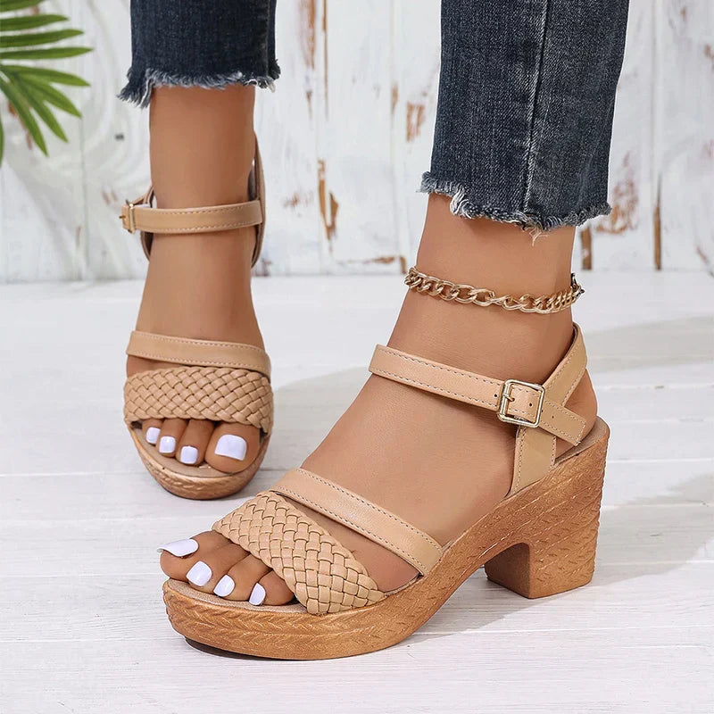 Sandales femme talon bloc bride cheville tressées plateforme confort été