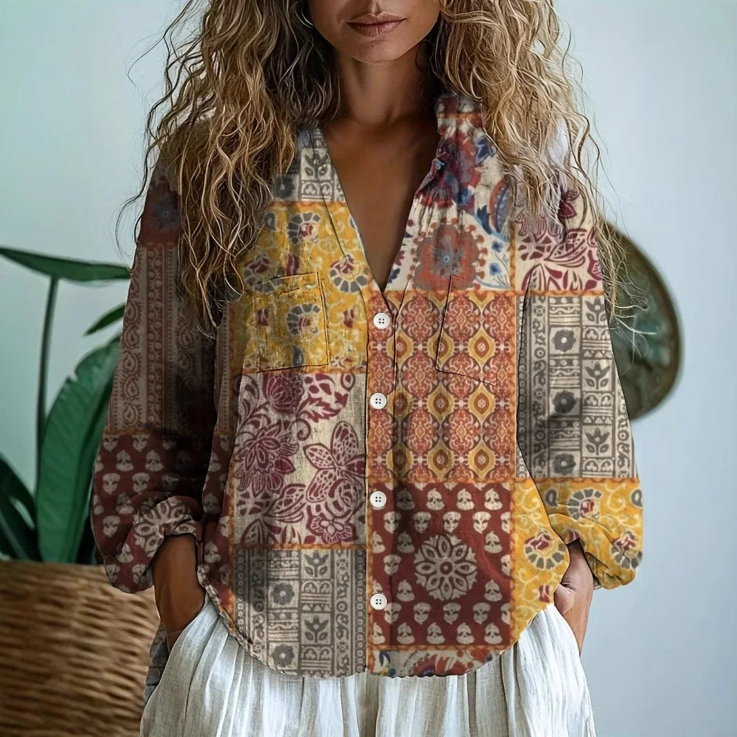 Blouse femme imprimée col V manches longues boutonnée style bohème décontracté