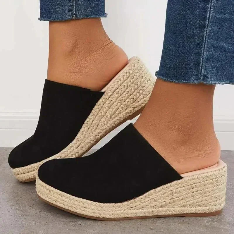 Sandales femme compensées effet daim semelle corde style espadrille
