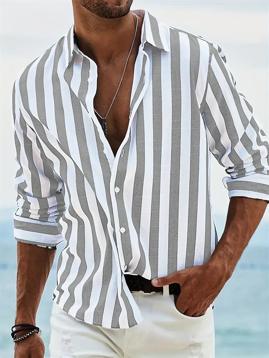 Chemise homme rayée en lin mélangé coupe décontractée manches longues été casual