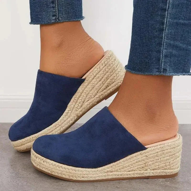 Sandales femme compensées effet daim semelle corde style espadrille