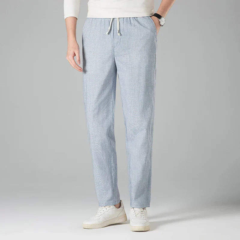 Pantalon homme en lin à cordon de serrage coupe droite taille élastique