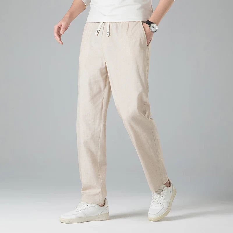 Pantalon homme en lin à cordon de serrage coupe droite taille élastique