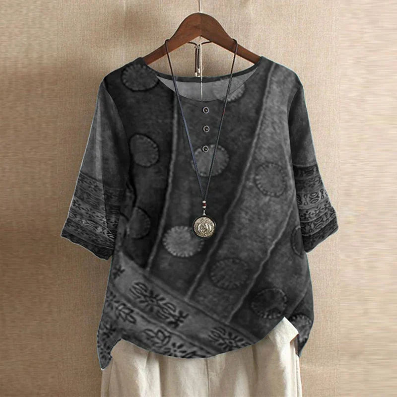 Blouse femme imprimée fleurie manches 3/4 col rond style vintage ample