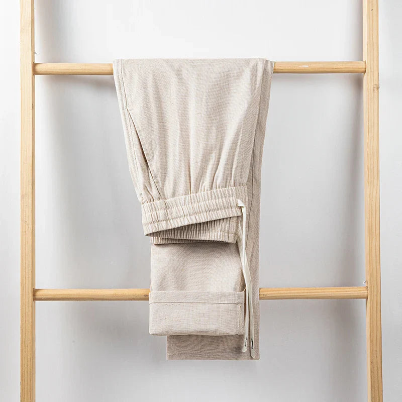Pantalon homme en lin à cordon de serrage coupe droite taille élastique