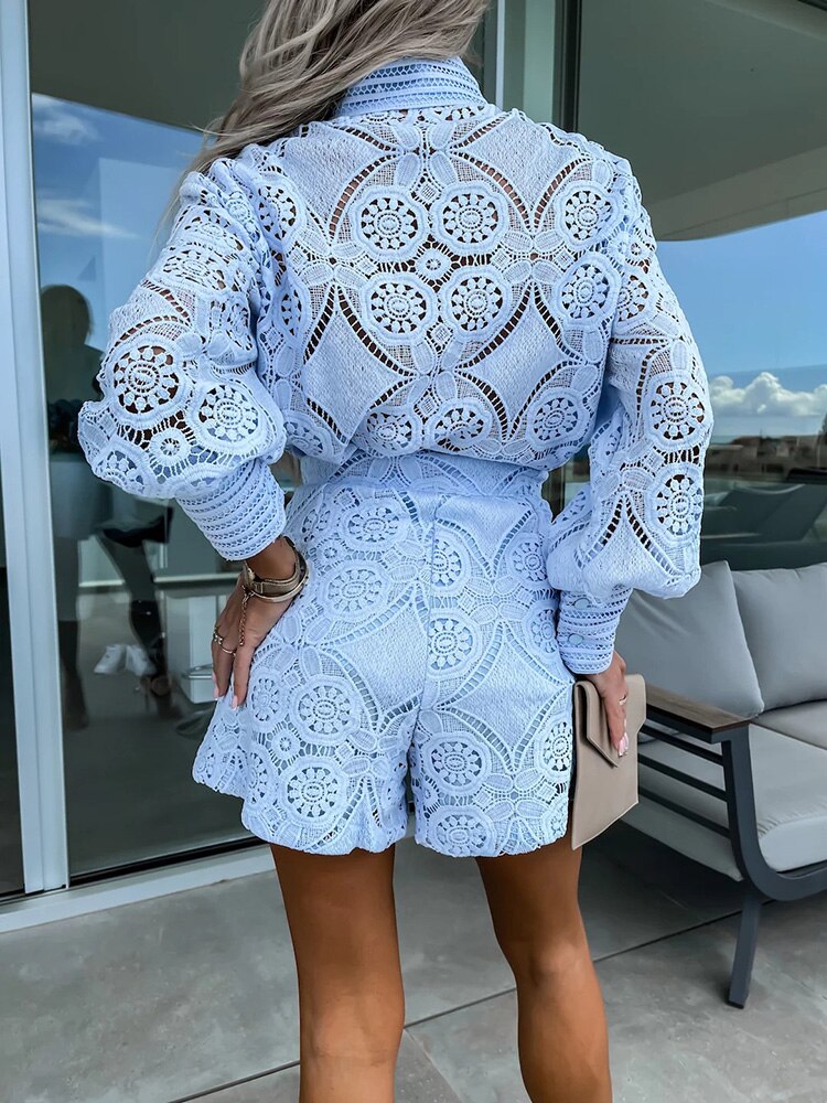 Ensemble femme dentelle blouse manches longues short taille haute ajouré