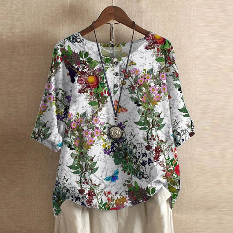 Blouse femme imprimée fleurie manches 3/4 col rond style vintage ample