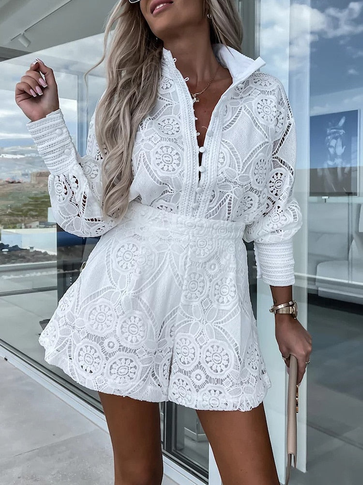 Ensemble femme dentelle blouse manches longues short taille haute ajouré