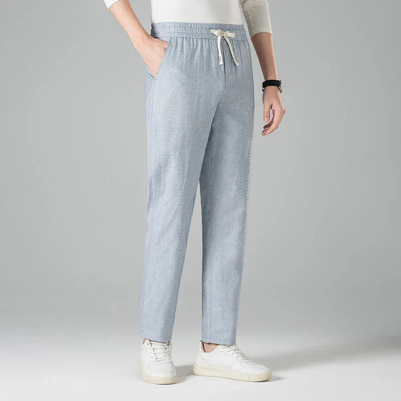 Pantalon homme en lin à cordon de serrage coupe droite taille élastique