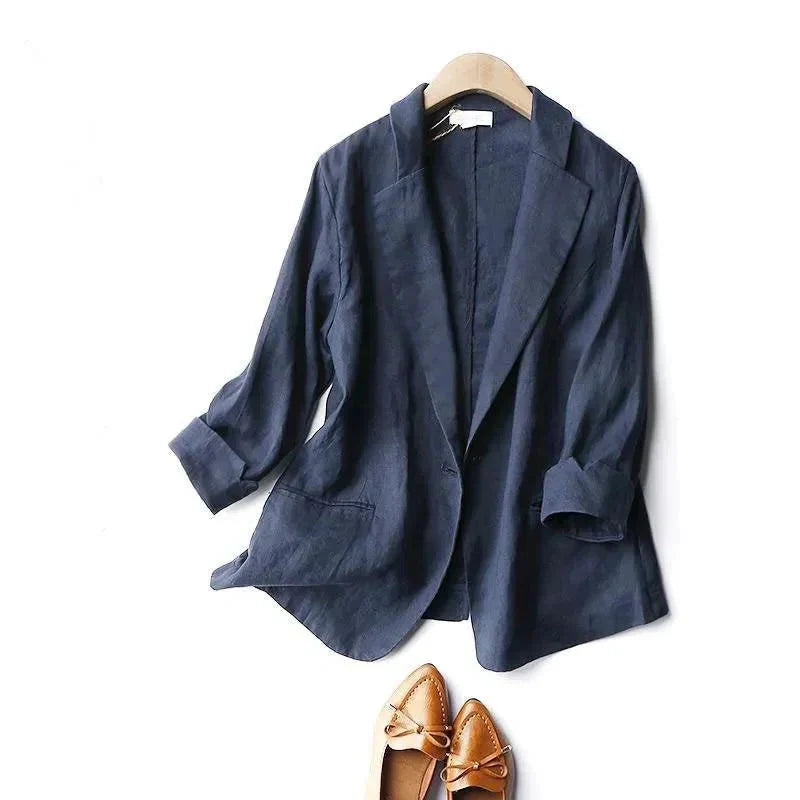 Blazer femme en lin col tailleur manches retroussables coupe droite légère