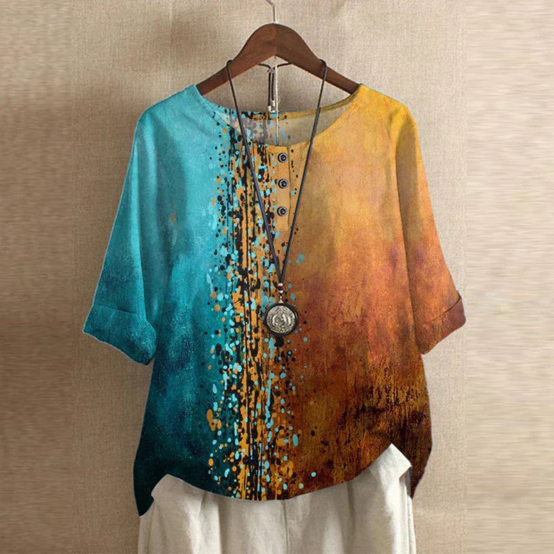 Blouse femme imprimée fleurie manches 3/4 col rond style vintage ample