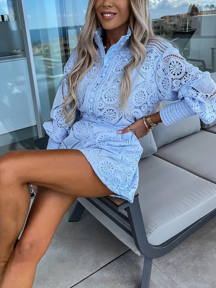 Ensemble femme dentelle blouse manches longues short taille haute ajouré