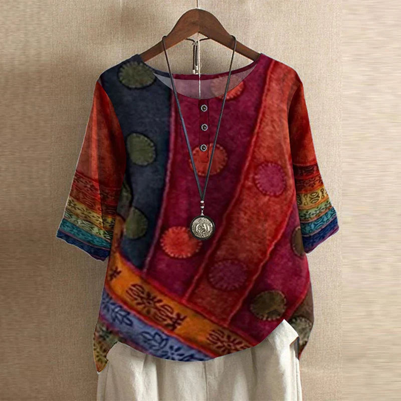 Blouse femme imprimée fleurie manches 3/4 col rond style vintage ample