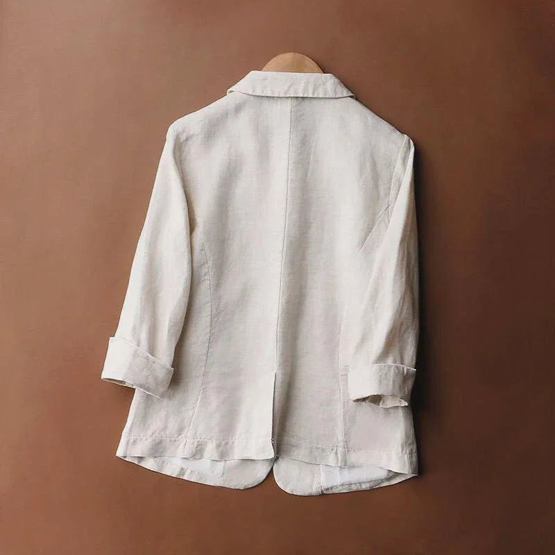 Blazer femme en lin col tailleur manches retroussables coupe droite légère