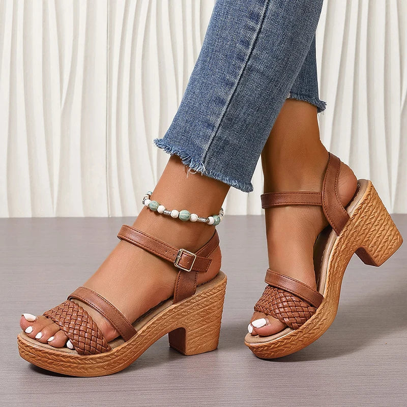 Sandales femme talon bloc bride cheville tressées plateforme confort été