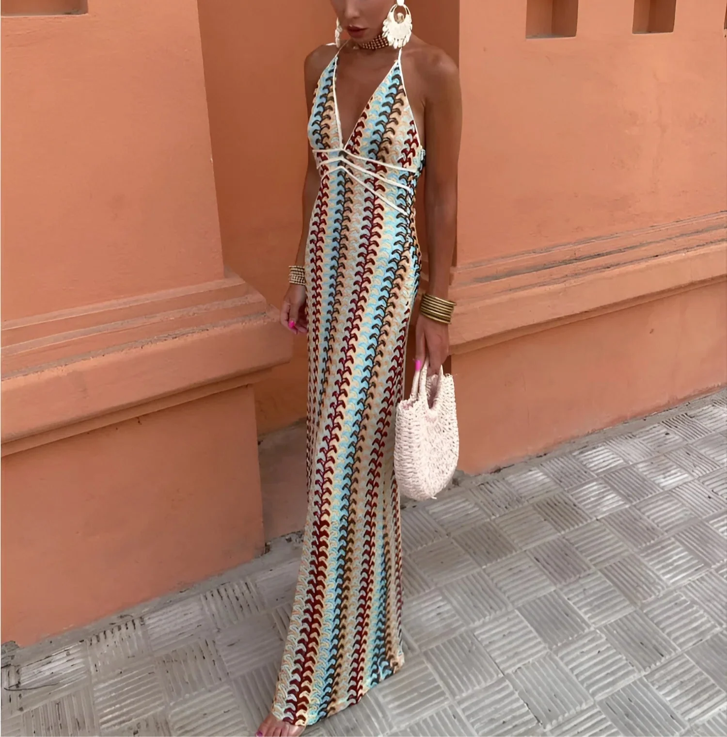 Robe longue bohème femme dos nu col halter imprimé coupe moulante été