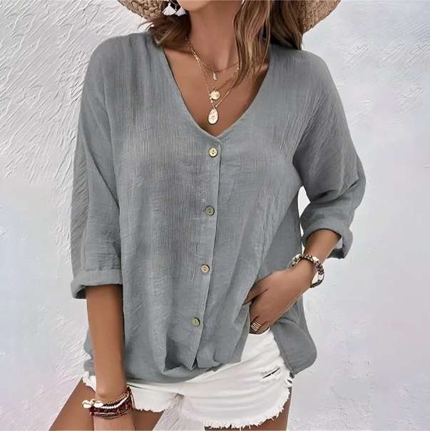 Chemisier femme lin coton boutonné col V manches 3/4 ample casual été