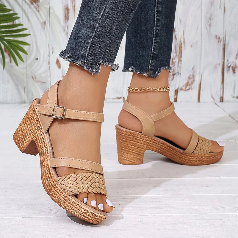 Sandales femme talon bloc bride cheville tressées plateforme confort été