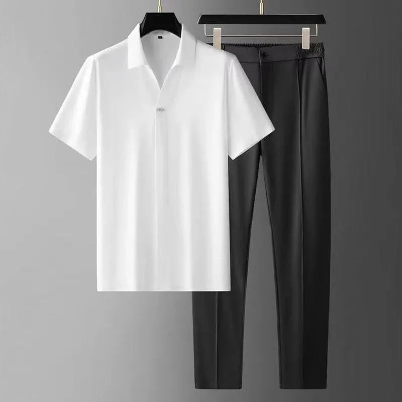Ensemble homme polo manches courtes et pantalon coupe droite style décontracté
