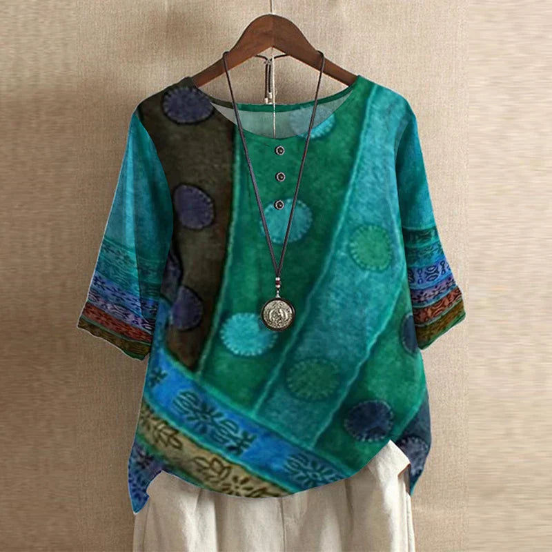 Blouse femme imprimée fleurie manches 3/4 col rond style vintage ample