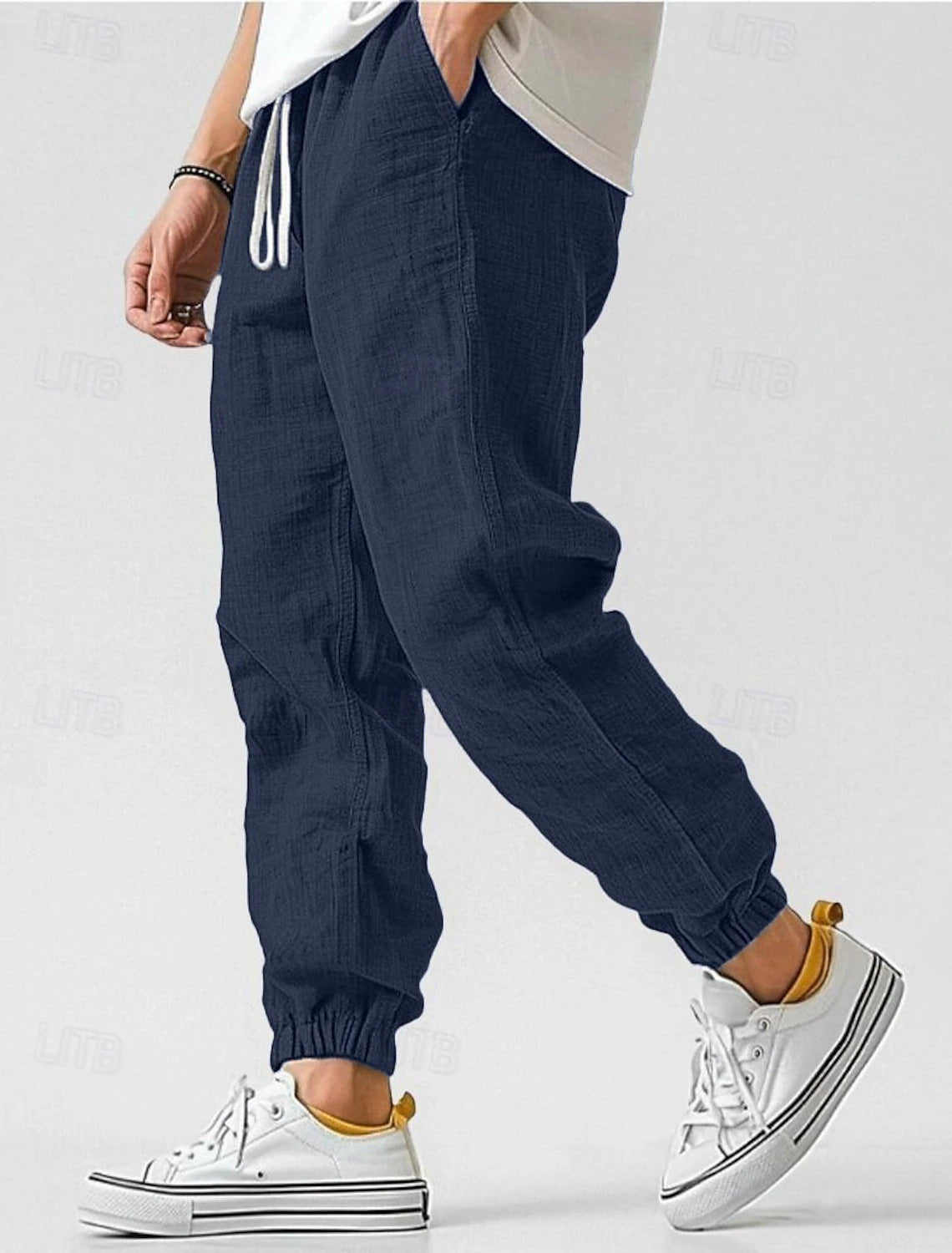 Pantalon jogger homme en lin mélangé taille élastique cordon de serrage léger