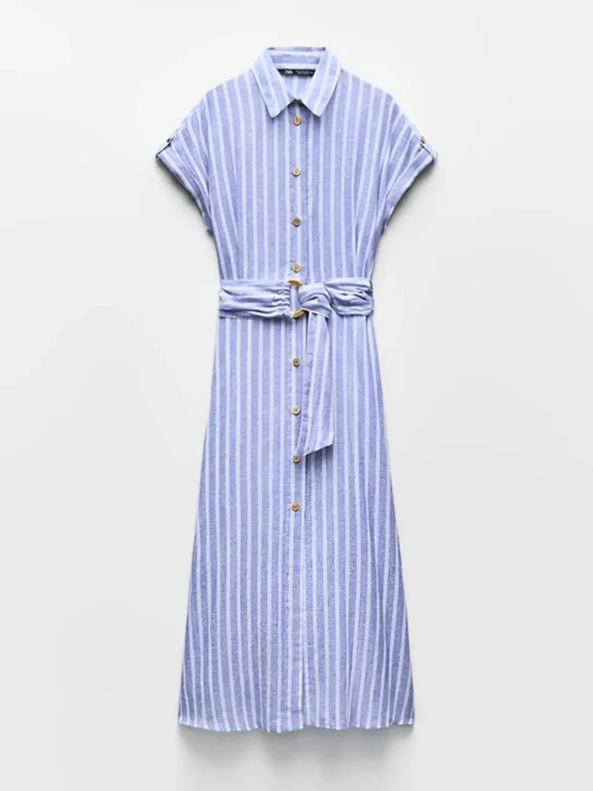 Robe chemise femme rayée ceinture nouée manches courtes longueur midi