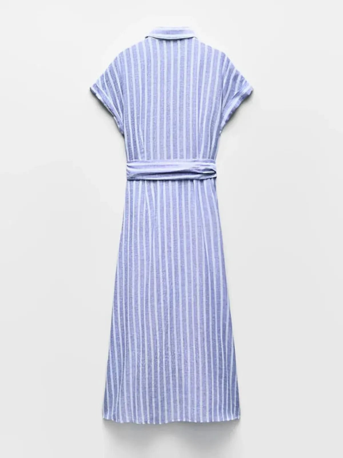 Robe chemise femme rayée ceinture nouée manches courtes longueur midi