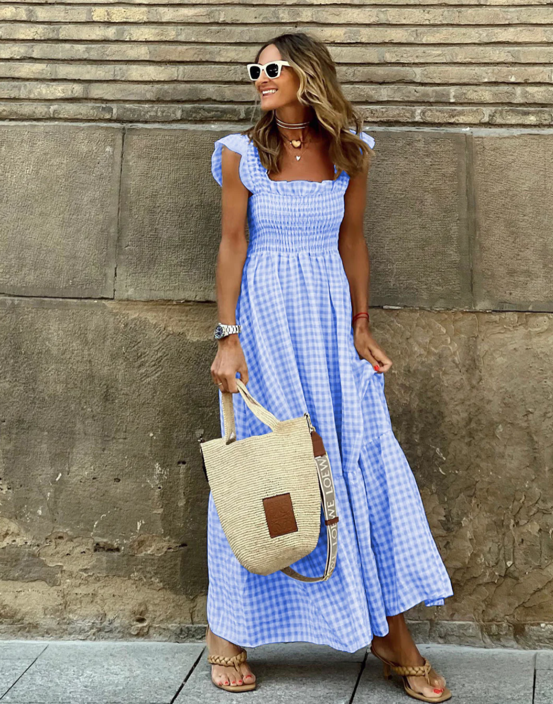Robe longue femme smockée à carreaux manches courtes col carré coupe évasée