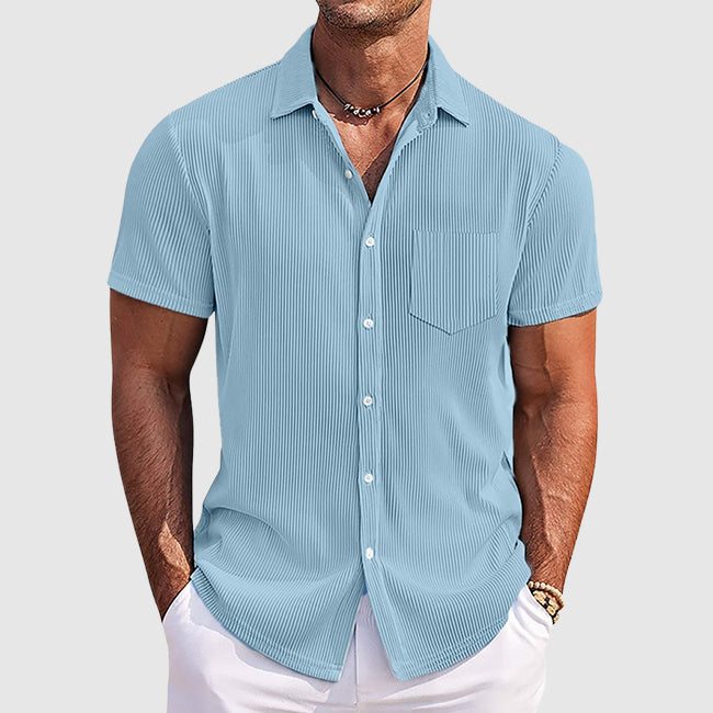 Chemise homme manches courtes texturée boutonnée col italien coupe ajustée