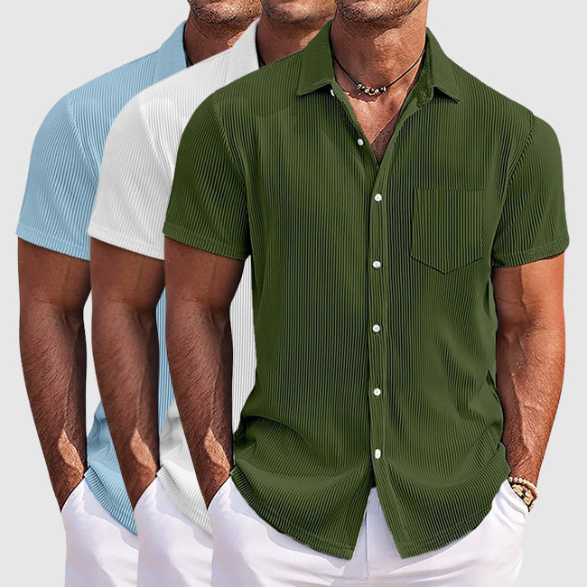 Chemise homme manches courtes texturée boutonnée col italien coupe ajustée