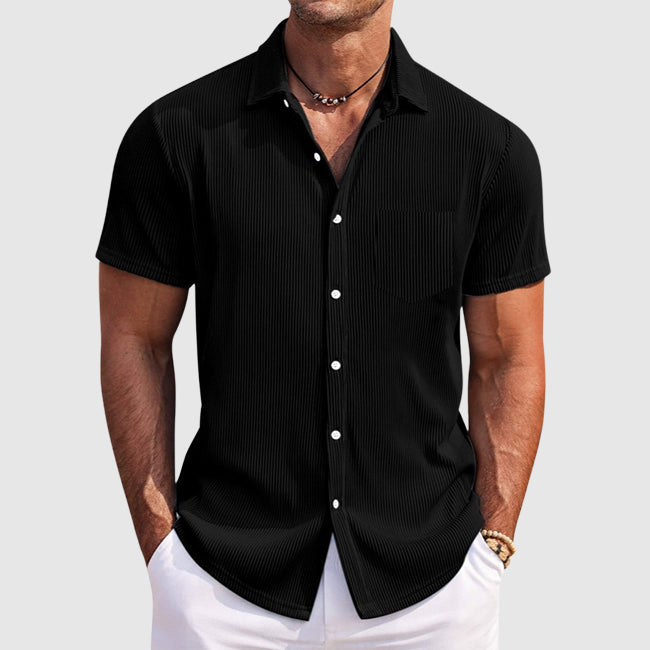 Chemise homme manches courtes texturée boutonnée col italien coupe ajustée
