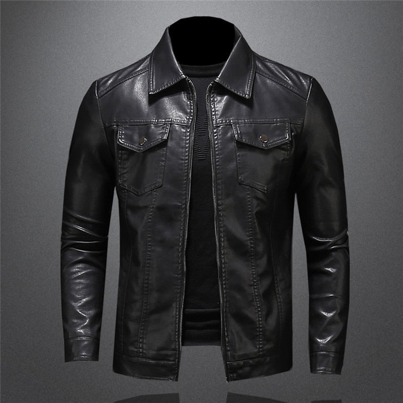Veste en cuir homme coupe ajustée zippée style motard col chemise