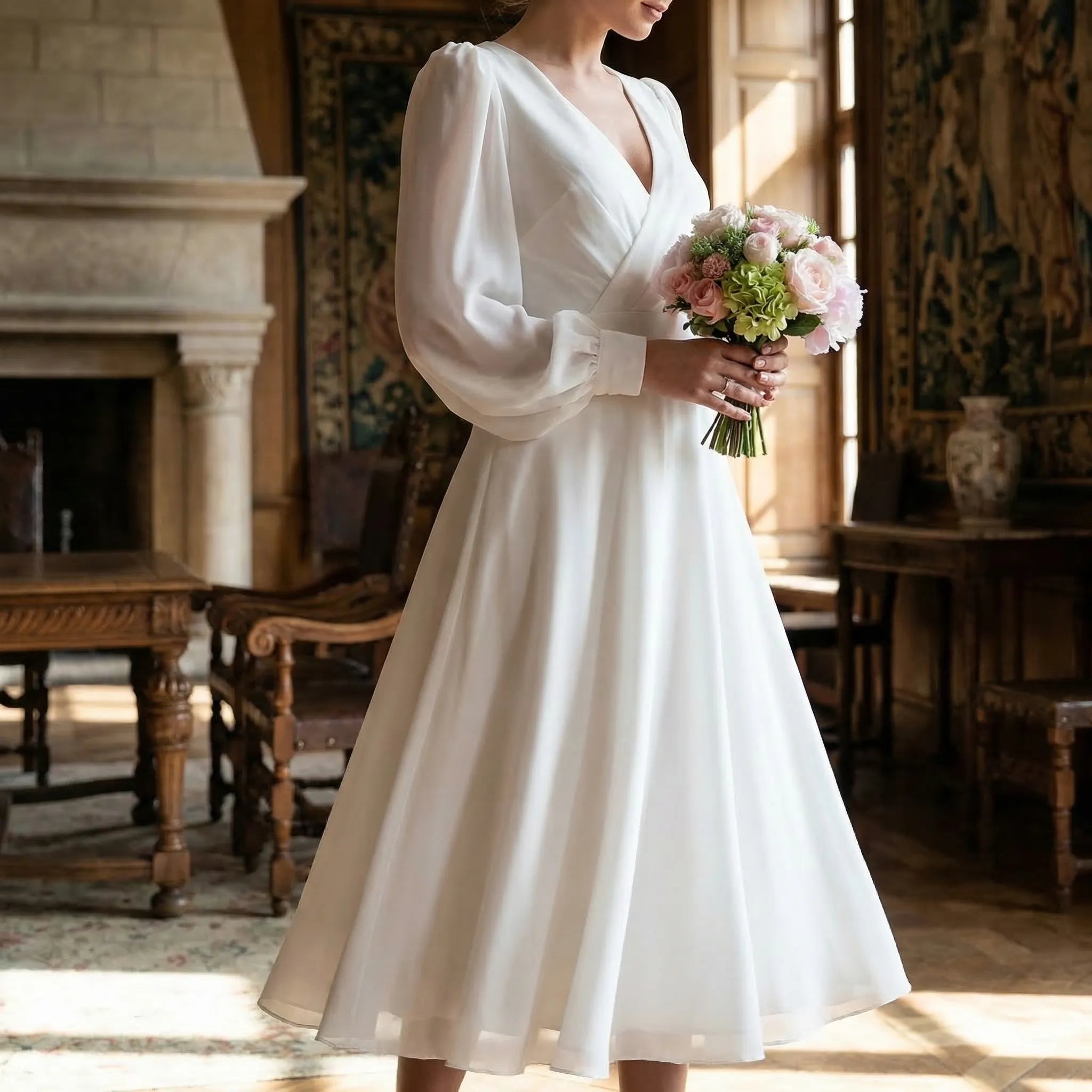 Robe de mariée midi col V manches longues évasée