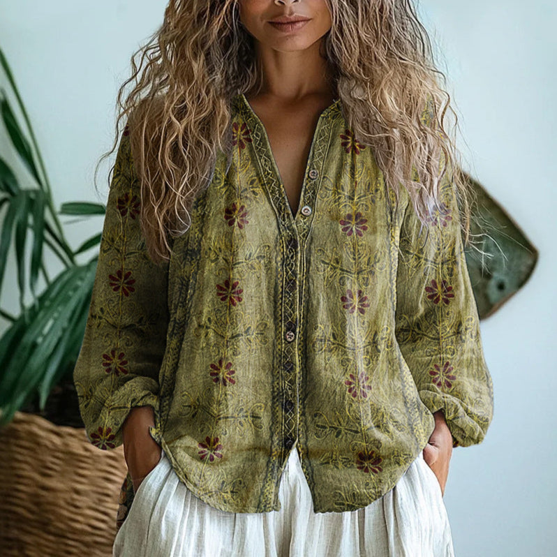 Blouse femme imprimée col V manches longues boutonnée style bohème décontracté
