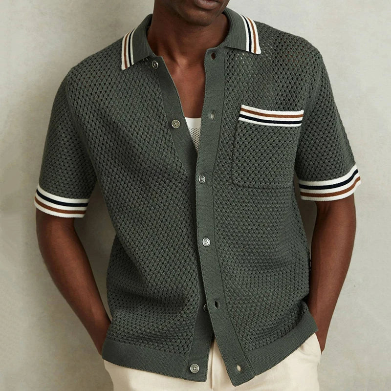 Chemise homme maille ajourée manches courtes col boutonné coupe droite