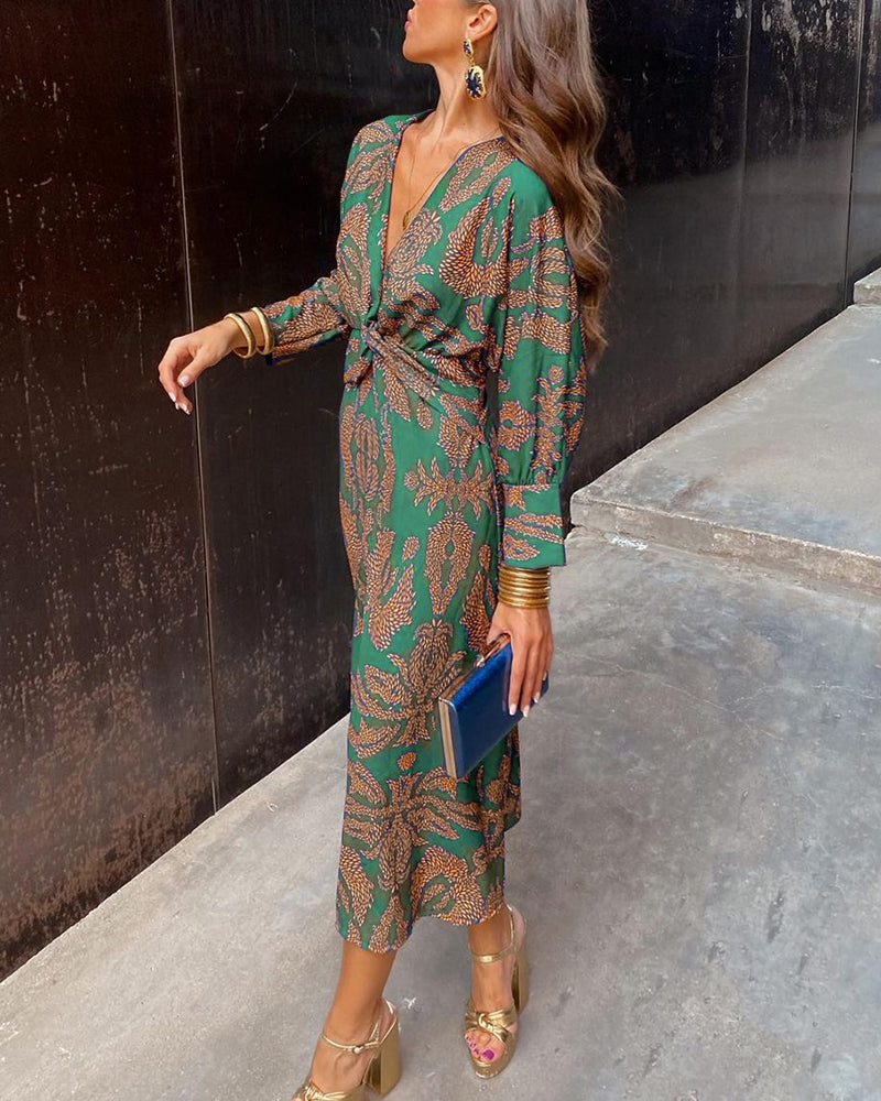 Robe midi portefeuille femme imprimé col V manches longues invitée mariage